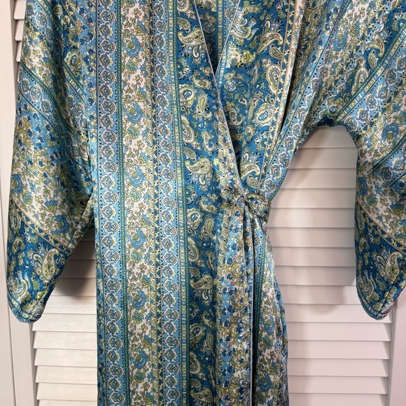 Oscar De La Renta Satin Kimono Robe Belted Paisley Blue Mobwife Sleepwear Small - Picture 5 of 9